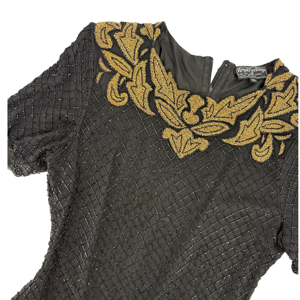 Royal Feelings Vintage‎ 100% Silk Beaded Top Black Gold Sequin Evening Blouse XL